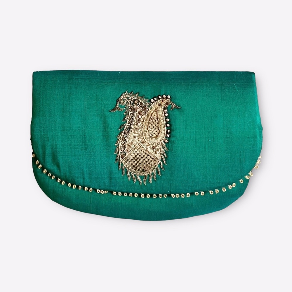 Vintage Emerald Green and Gold Silk Clutch Purse with Bead and Pearl Accents